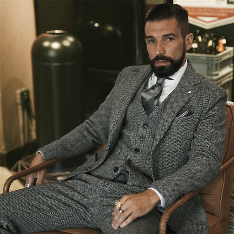 Men'S Grooming Daily - Szary wełniany tweedowy garnitur zimowy dla